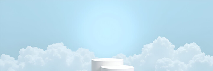 A chic white cylindrical podium with two different levels against a serene sky blue background featuring clouds, providing ample copy space for branding purposes.