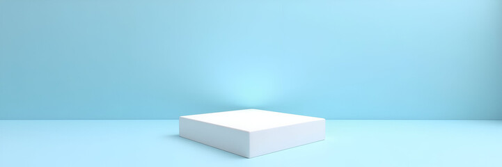 A stylish white square podium with two levels set against a sky blue backdrop, perfect for product displays with available copy space for branding details.