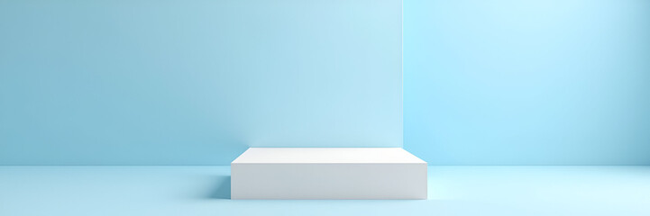 A stylish white square podium with two levels set against a sky blue backdrop, perfect for product displays with available copy space for branding details.