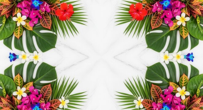 Tropical floral border with green monstera palm leaves colorful crotons hibiscus plumeria bougainvillea and orchids on marble