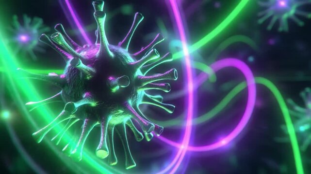 Intricate Visualization of a Virus Microscopic Structure, Highlighting the Dynamic Interplay of Colorful Energy Waves and Viral Particles in a Hypothetical Environment