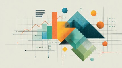 Colorful abstract illustration features data visualization elements with bar graphs, line charts, geometric shapes, and circles.