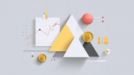 Financial visualization showcases geometric shapes and lines, featuring a colorful chart illustrating market trends next to currency symbols and abstract forms
