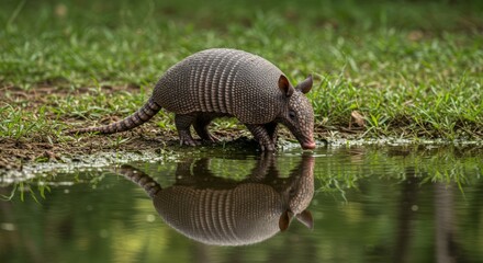 Obraz premium Wild armadillo with armored shell walking in nature, symbol of wildlife and unique mammals, perfect for zoology, ecology, and exotic animal themes.