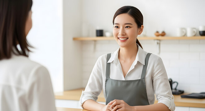 Friendly young Asian female barista or small business owner smiling while talking and listening to a customer at the counter