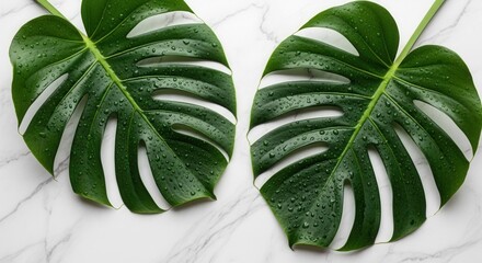 Two large fresh green leaves covered in numerous water droplets are artfully arranged on a white marble surface