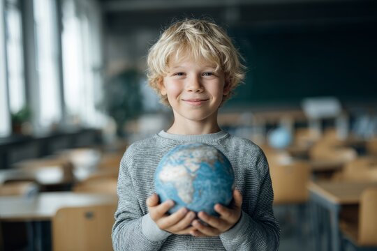 Smiling blond boy holding Earth globe in classroom - Powered by Adobe