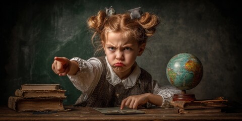Serious girl pointing finger with vintage Earth globe