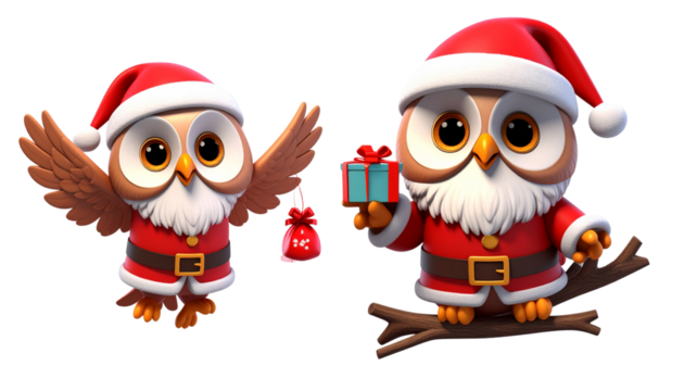  Two cartoon owl in Santa outfit bundle isolated on transparent background - Powered by Adobe