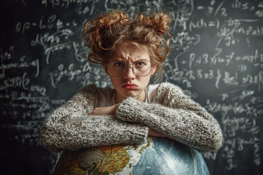 Serious girl leaning on Earth globe with chalkboard equations