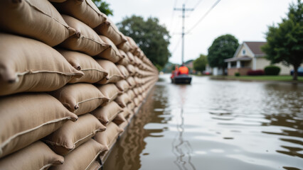 Flood barriers protect homes from rising water levels during flood event, showcasing resilience and community effort in disaster management