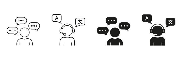 Multilingual Customer Support Line And Solid Icon Set. Language Translation, Interpretation, Call Center Assistance Symbol Collection. Speech Bubbles And Headset. Isolated Vector Illustration