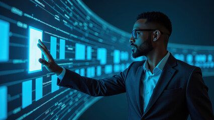 Professional man interacts with digital interface displaying data visualizations, showcasing technology and innovation in modern workspace