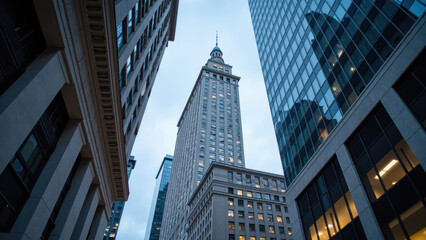 Stunning view of tall building surrounded by modern skyscrapers, showcasing architectural contrast and urban beauty