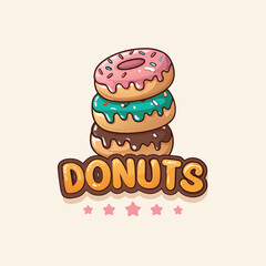 A stack of three delicious donuts with colorful icing and sprinkles, perfect for a sweet treat or a fun illustration