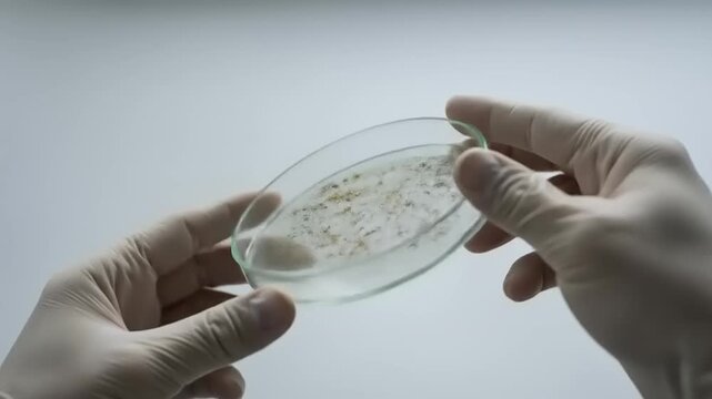 Close-up of hands holding a petri dish with microbial growth, set against a minimalistic background