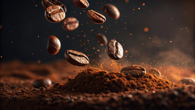 Roasted coffee beans falling into freshly ground coffee powder with dramatic lighting