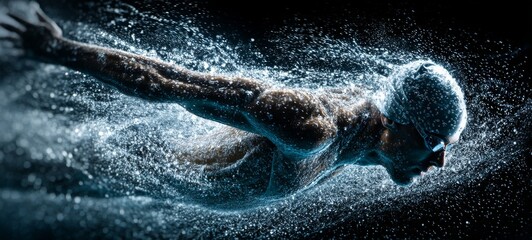 Elite Swimmer Performing Butterfly Stroke in Explosive Motion, Splash Trails and Light Streaks, Cinematic Lighting, Vibrant Colors, High Detail for Sports Advertising Concept