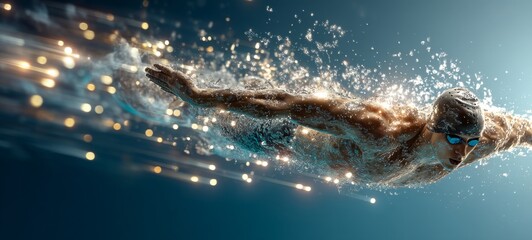 Elite Swimmer Performing Butterfly Stroke in Explosive Motion, Splash Trails and Light Streaks, Cinematic Lighting, Vibrant Colors, High Detail for Sports Advertising Concept