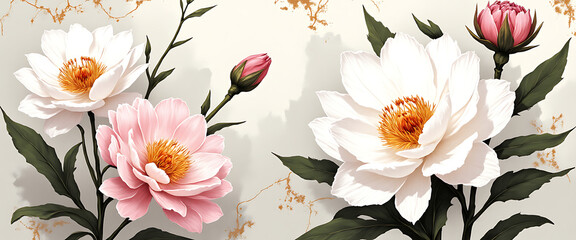 Luxury floral wallpaper featuring 3D embossed blossoms with gold, silver, and marble textures, elegant botanical mural in rich colors, abstract illustration for art prints, seamless 4K decorative back