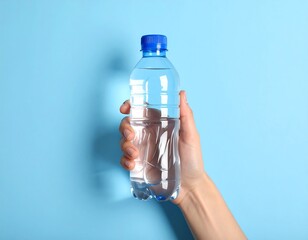 Hand holding clear plastic water bottle
