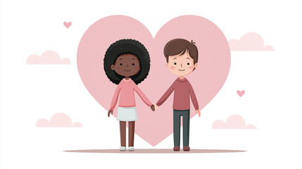 Cute cartoon illustration of a Black woman and a white man holding hands inside a big pink heart. white background