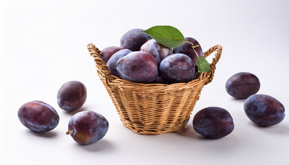 Obraz premium Plums In A Small Basket White Background Fresh Organic Fruit