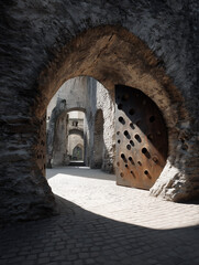 An ancient city gate imagined as a glowing cheese wheel, pierced with warm light, blending surreal food art with historic architecture in a night scene.