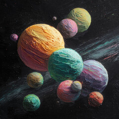 Colorful macarons floating like planets in space, blending sweet dessert textures with a dreamy, cosmic atmosphere and playful, surreal motion.