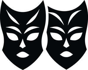 Comedy and tragedy theater masks vector icon,  Theater drama masks silhouette vector set, comedy and tragedy faces, Dramatic theater masks silhouette, performing arts symbol.
