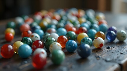 Vibrant collection of colorful vintage glass marbles scattered on rustic wood surface creates nostalgic feeling perfect for game or childhood concepts