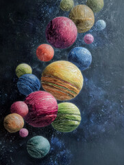 Colorful macarons floating like planets in space, blending sweet dessert textures with a dreamy, cosmic atmosphere and playful, surreal motion.