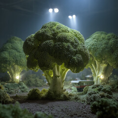 Broccoli shaped like trees forming a miniature landscape park, blending vegetable textures with whimsical nature design in a playful, surreal scene.