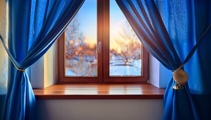blue curtain window sill warm scene