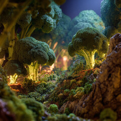 Broccoli shaped like trees forming a miniature landscape park, blending vegetable textures with whimsical nature design in a playful, surreal scene.