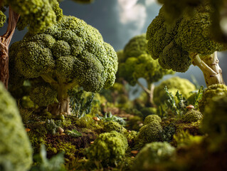 Broccoli shaped like trees forming a miniature landscape park, blending vegetable textures with whimsical nature design in a playful, surreal scene.