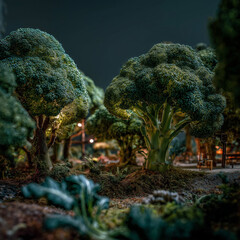Broccoli shaped like trees forming a miniature landscape park, blending vegetable textures with whimsical nature design in a playful, surreal scene.