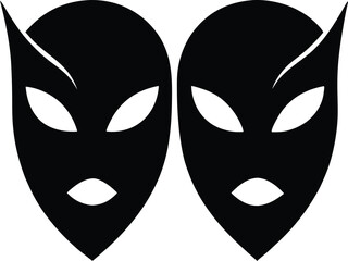 Comedy and tragedy theater masks vector icon,  Theater drama masks silhouette vector set, comedy and tragedy faces, Dramatic theater masks silhouette, performing arts symbol.
