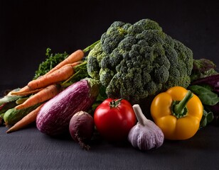 premium shot of colorful organic farm fresh vegetables arranged on a dark background for dramatic contrast