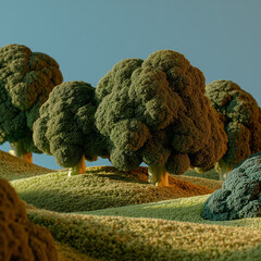 Broccoli shaped like trees forming a miniature landscape park, blending vegetable textures with whimsical nature design in a playful, surreal scene.