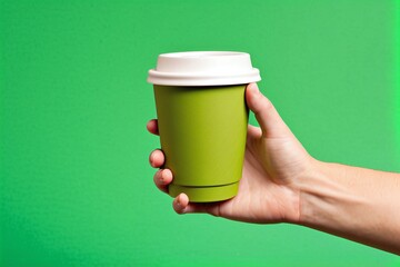 A hand holding a green reusable coffee cup against a green background with copy space
