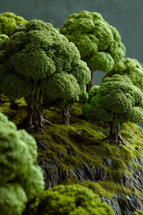 Broccoli shaped like trees forming a miniature landscape park, blending vegetable textures with whimsical nature design in a playful, surreal scene.