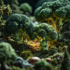Broccoli shaped like trees forming a miniature landscape park, blending vegetable textures with whimsical nature design in a playful, surreal scene.
