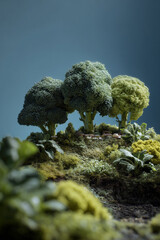 Broccoli shaped like trees forming a miniature landscape park, blending vegetable textures with whimsical nature design in a playful, surreal scene.