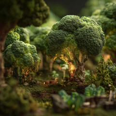 Broccoli shaped like trees forming a miniature landscape park, blending vegetable textures with whimsical nature design in a playful, surreal scene.