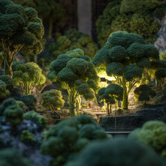 Broccoli shaped like trees forming a miniature landscape park, blending vegetable textures with whimsical nature design in a playful, surreal scene.