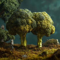 Broccoli shaped like trees forming a miniature landscape park, blending vegetable textures with whimsical nature design in a playful, surreal scene.