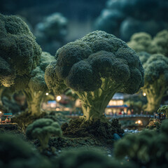 Broccoli shaped like trees forming a miniature landscape park, blending vegetable textures with whimsical nature design in a playful, surreal scene.