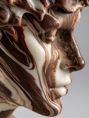 Chocolate sculpted like a fine marble statue, blending classical art aesthetics with rich, glossy textures in an elegant and surreal still-life composition.