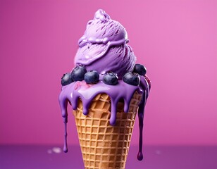a vibrant ice cream cone with blueberry topping featuring purple ice cream and drips against a pink background